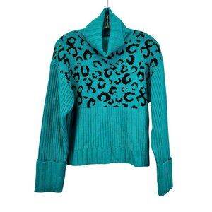 Nine West Women’s Cheetah Print Tight Knit Turtleneck Sweater Teal/Black Size XS